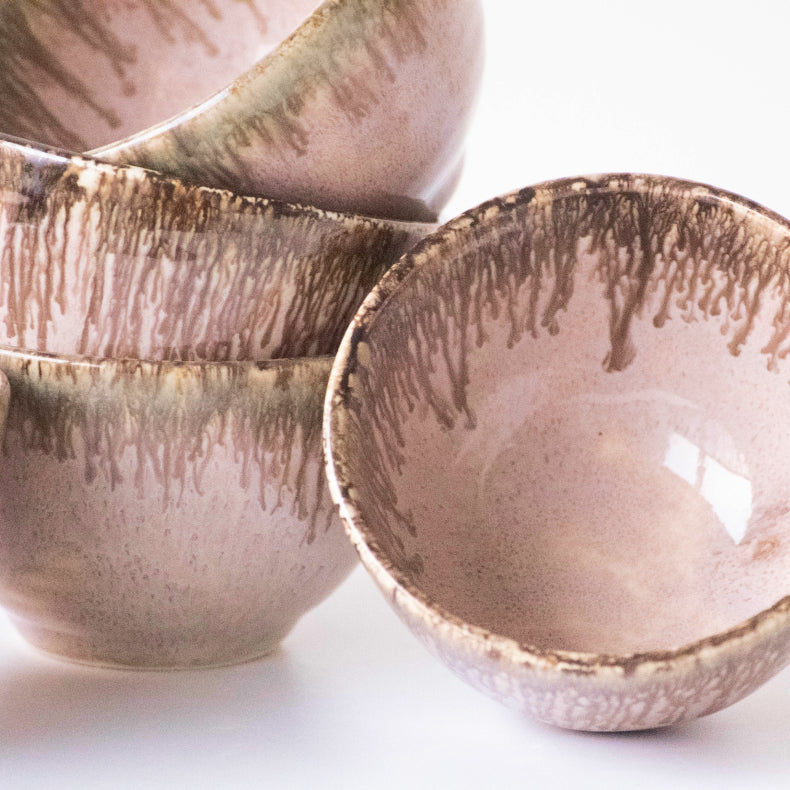 Pink Color Round-Shaped Small Bowl with Brown Drops Border