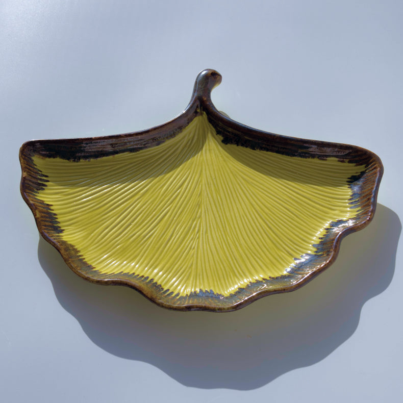 Yellow Ceramic Shell Shaped Platter with Brown Borders