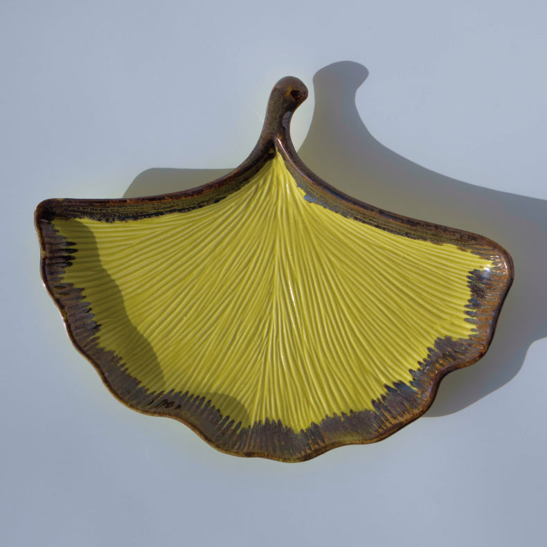 Yellow Ceramic Shell Shaped Platter with Brown Borders