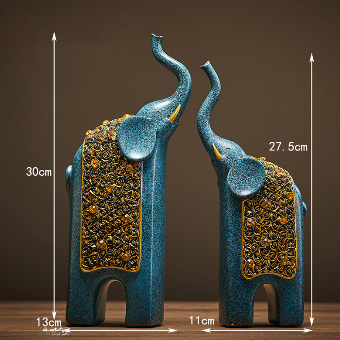 Blue Elephant Statues with Golden Accents - Unique Home Decor