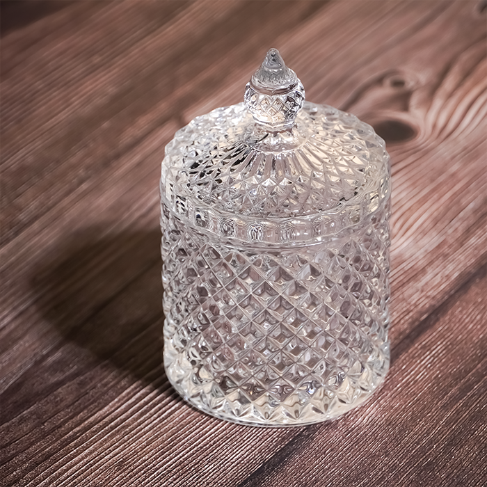 Crystal-Cut Glass Storage Jar with Lid - Diamond Patterned Clear Container