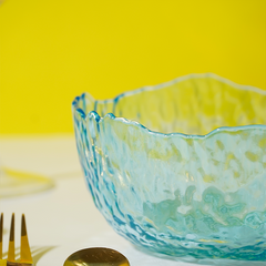 Aqua Blue Wavy Glass Bowl - Textured Sea-Inspired Serving Dish