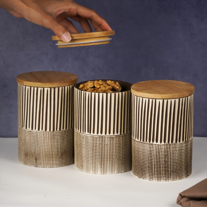 Beige Textured Storage Jar with Lid - Set of 3