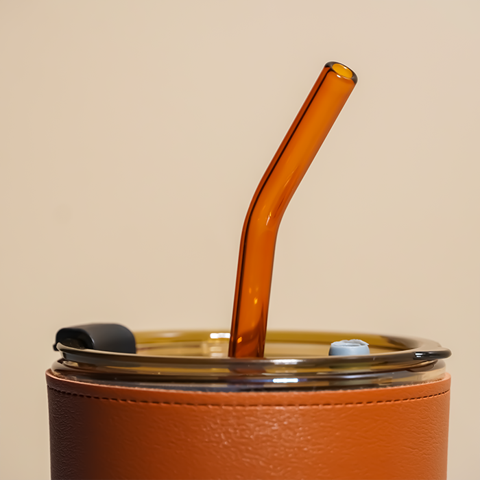 Glass Tumbler with Leather Sleeve - Orange Straw