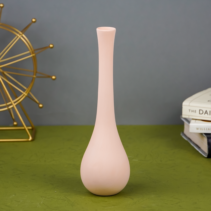 Matte Pink Long Neck Vase with Teardrop Base