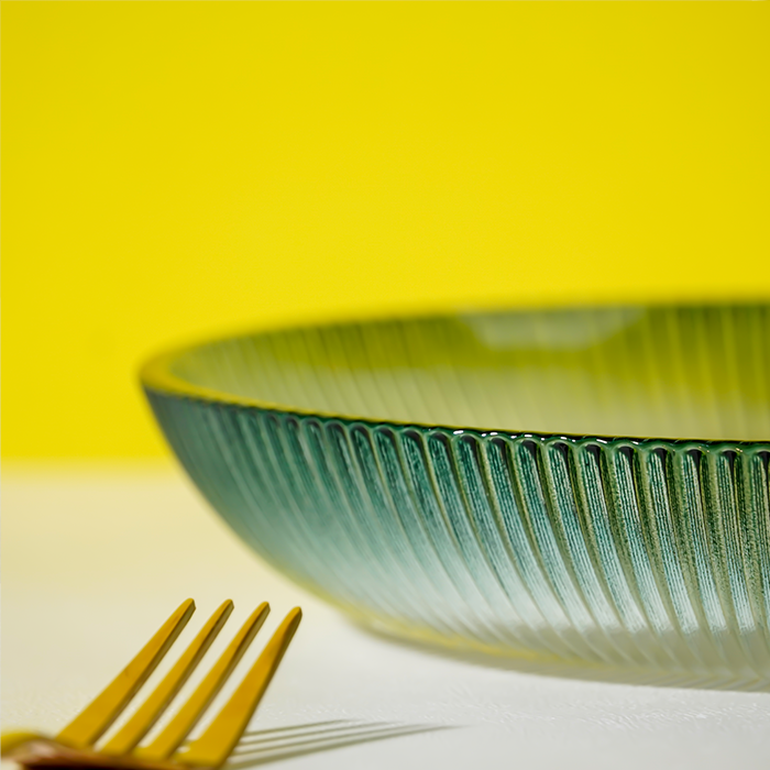 Teal Green Fluted Glass Bowl - Ribbed Texture Serving Dish