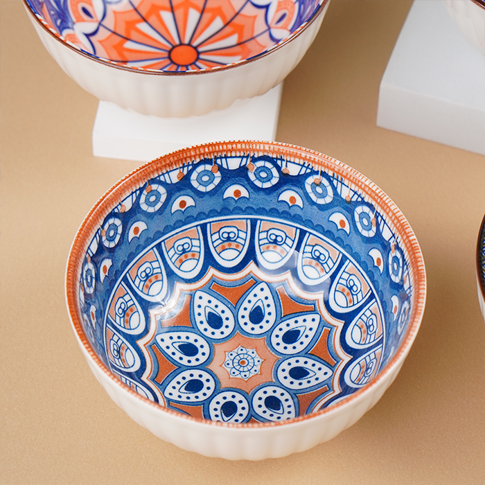 Geometric Floral Pattern Painted Ceramic Bowls Set of 4