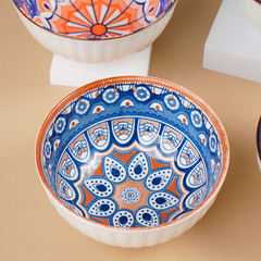 Geometric Floral Pattern Painted Ceramic Bowls Set of 4