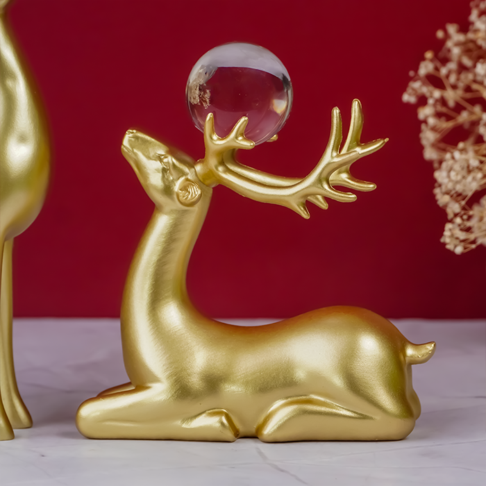 Gold Deer Sculptures with Crystal Balls