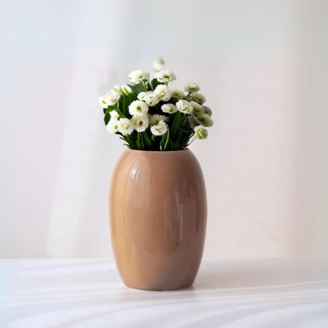 Brown Ceramic Oval Shaped Flower Vase