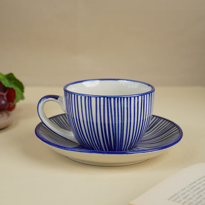 Blue and White Striped Ceramic Cup & Saucer