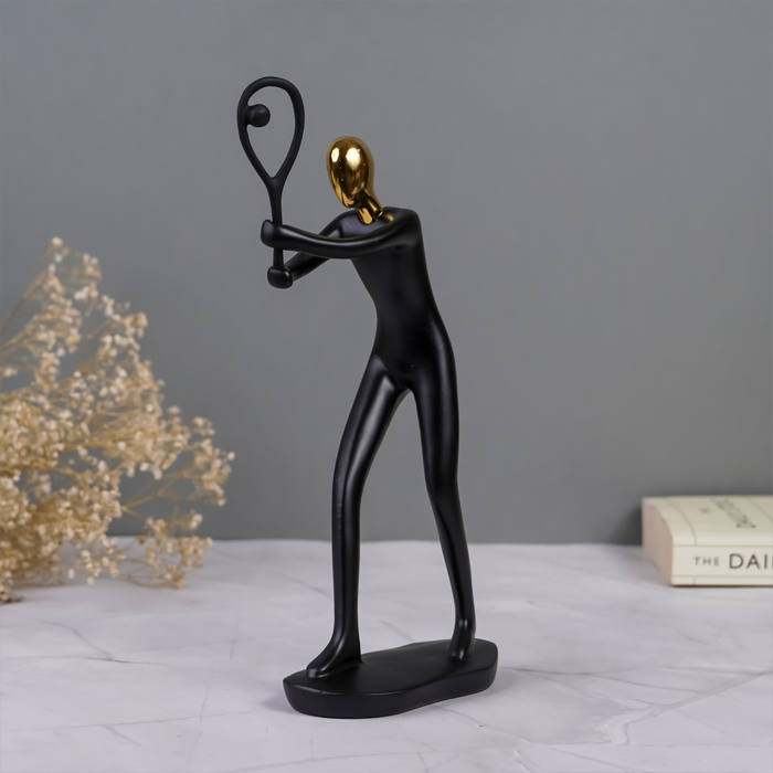 Black and Gold Tennis Player Sculpture - Modern Art Decor
