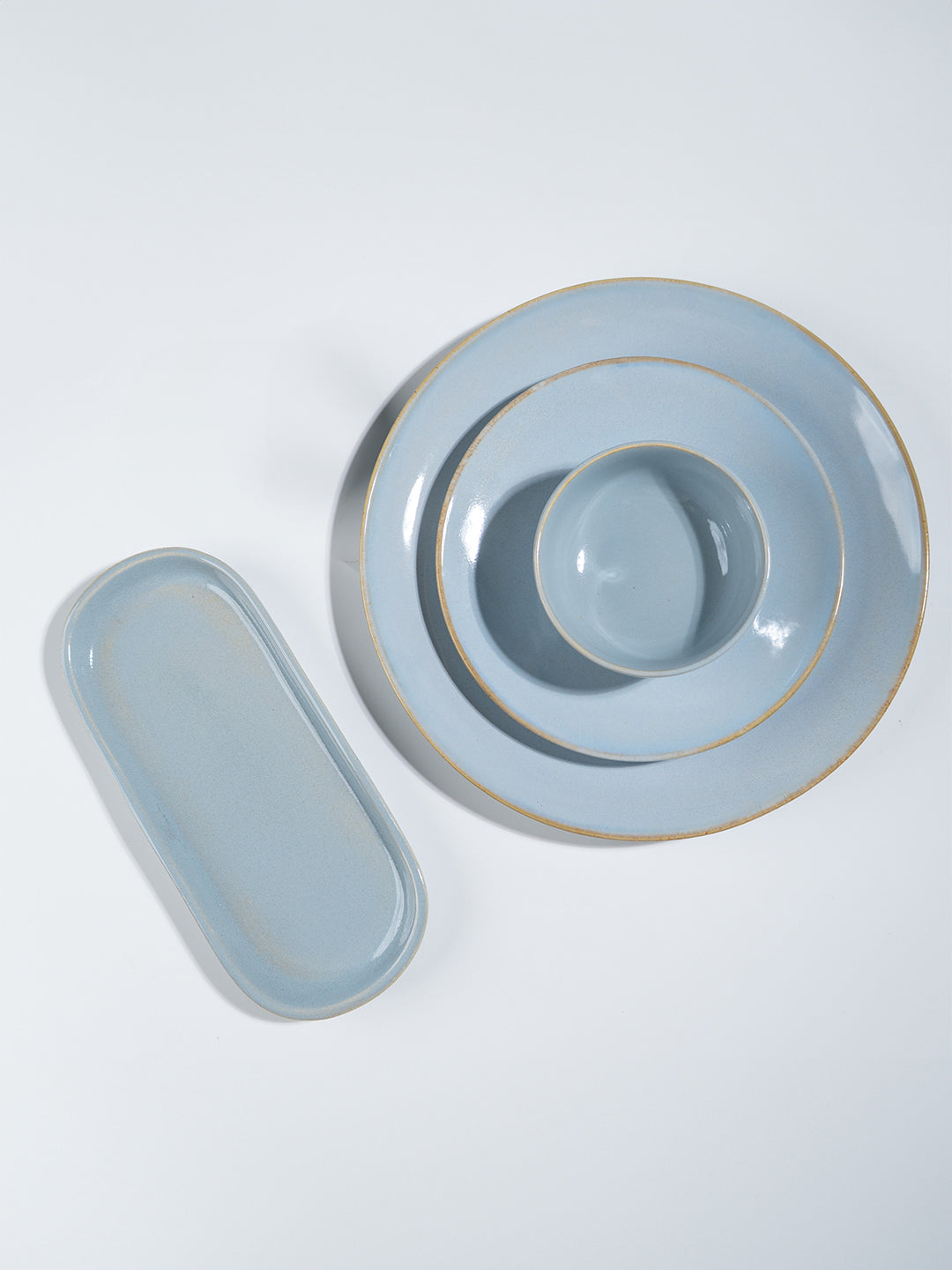Light Blue Ceramic Dinner Set with Rustic Gold Rim Finish - Set of 19