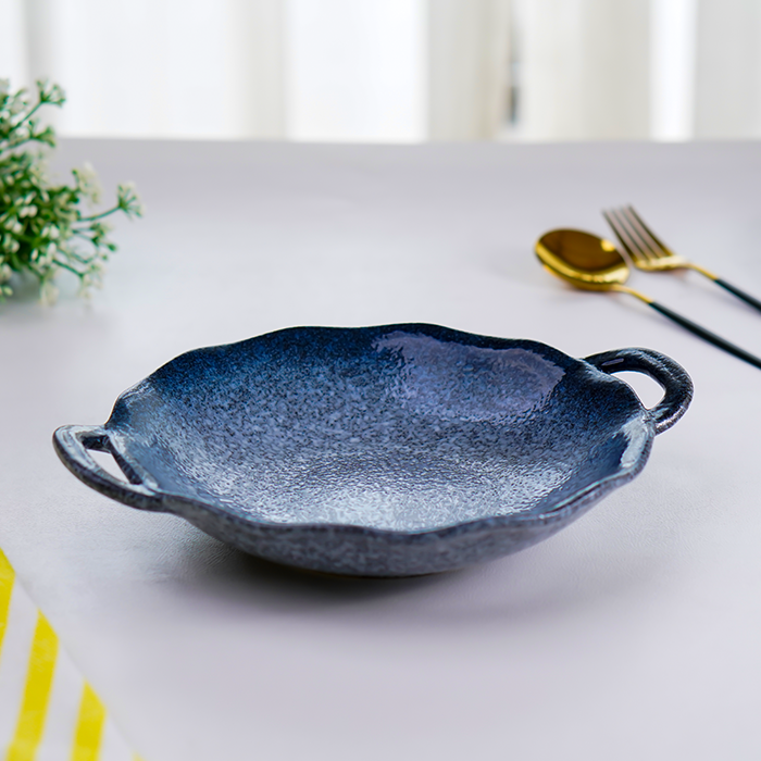 Matte Blue Ceramic Bowl with Unique Dual-Handle Design