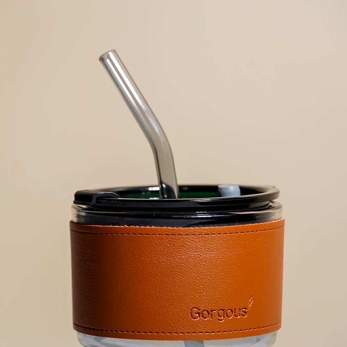 Glass Tumbler with Leather Sleeve - Black Straw