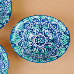 Blue & Teal Lotus Long Ceramic Bowls Set of 3