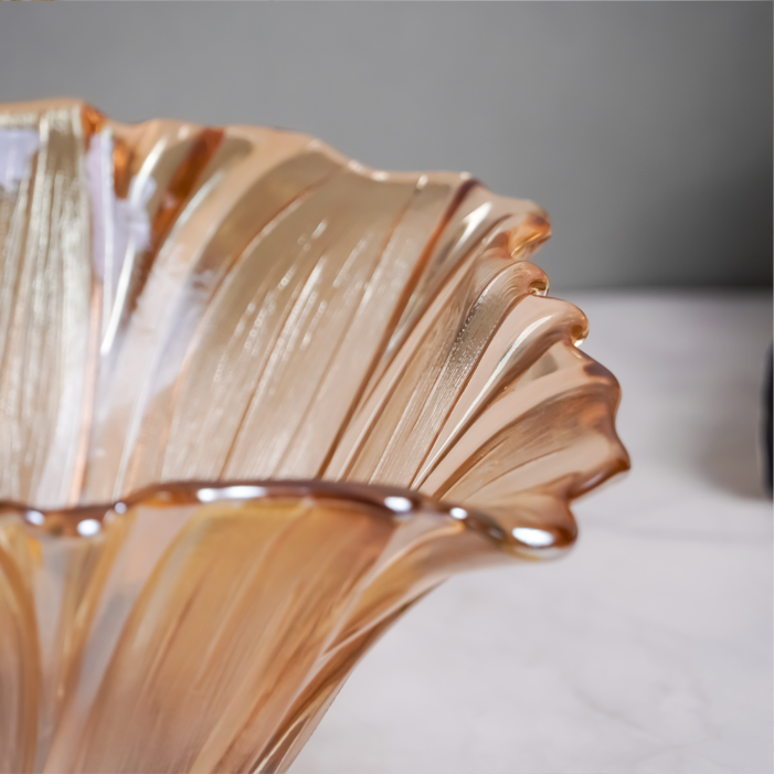 Amber Gold Fluted Glass Bowl with Wave Design