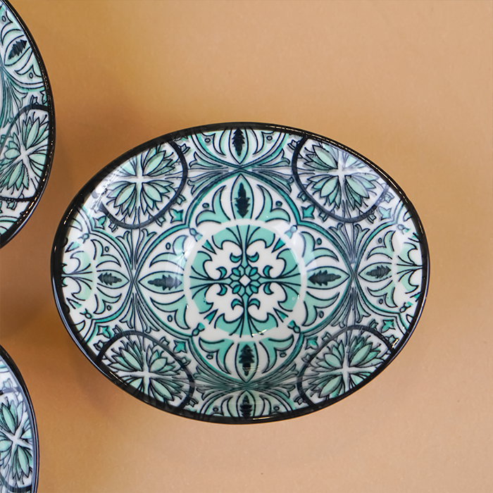 Green & White Mandala Long Ceramic Bowls Set of 3