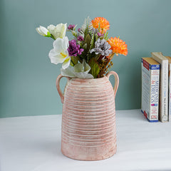 Terracotta Ribbed Handled Vase in Blush Pink