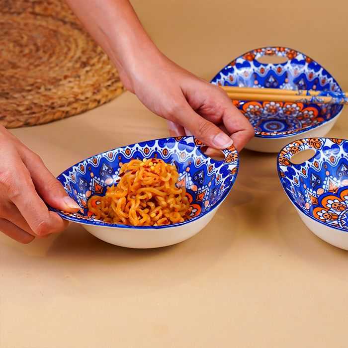 Blue & Orange Side Handles Ceramic Bowls Set of 3