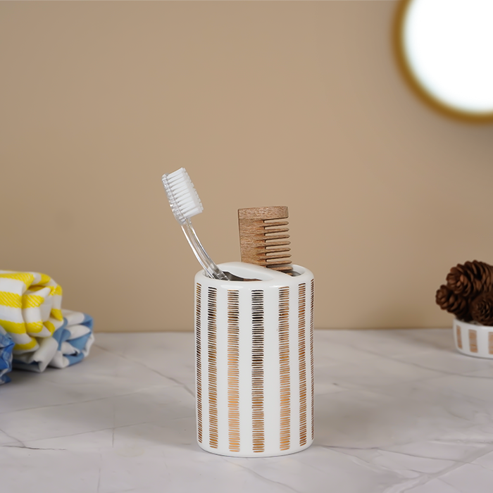 Striped White and Gold Bathroom Set – Chic Ceramic Bath Accessories