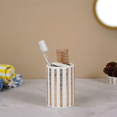 Striped White and Gold Bathroom Set – Chic Ceramic Bath Accessories