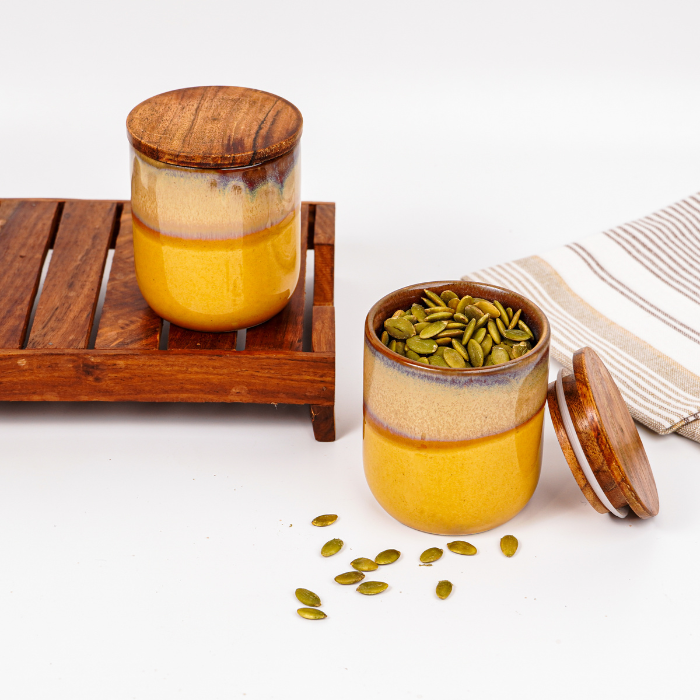 Ceramic Jars with Wooden Lids | Set of 2