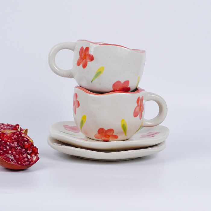 Hand-Painted Floral Ceramic Cup and Saucer Set