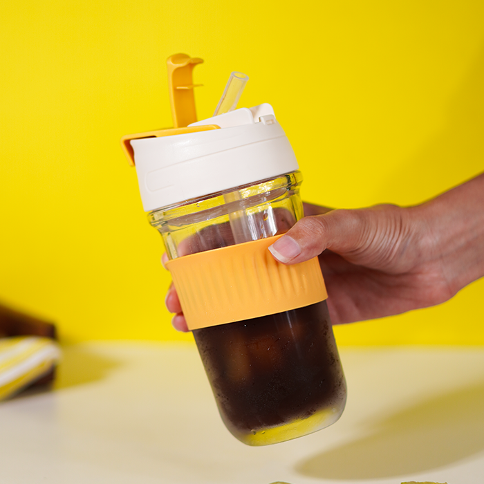 Orange Grip Glass Sipper with Built-In Straw