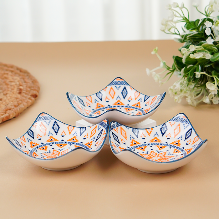 Orange & Blue Geometric Square Ceramic Bowls Set of 3