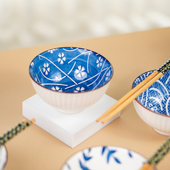 Blue Artwork Ceramic Bowls Set of 6 with Chopsticks