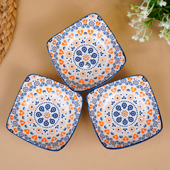 Orange & White Floral Square Ceramic Bowls Set of 3