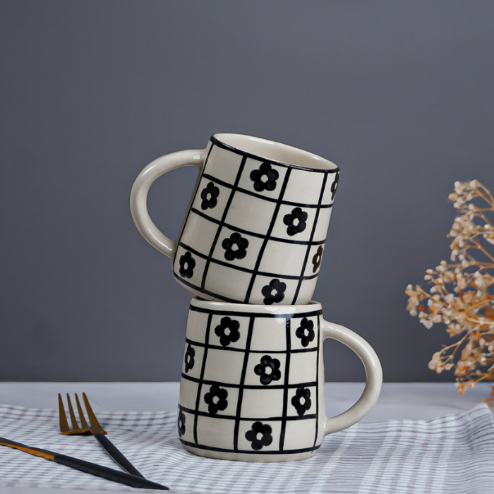 Ceramic Mug with Black Floral Design