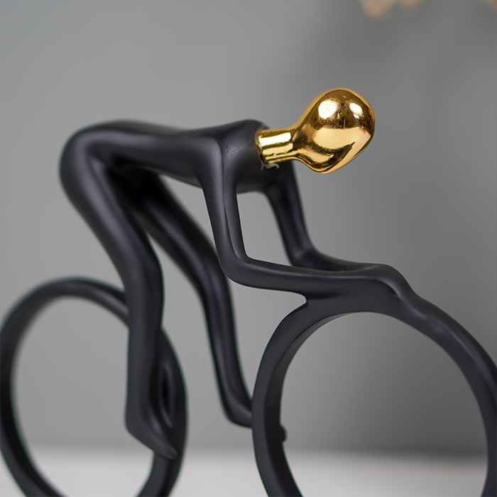 Matte Black Cyclist Sculpture with Gold Head - Modern Sports Art Décor