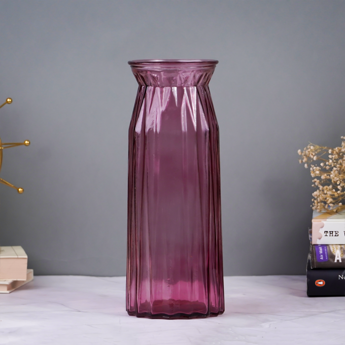 Purple Ribbed Glass Vase with Vintage Charm