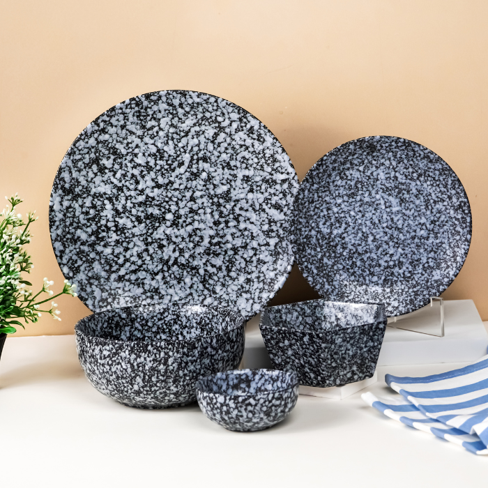 Black and White Speckled Ceramic Dinnerware - Set of 23