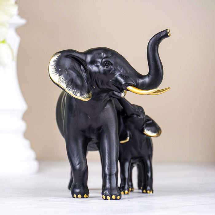 Black Elephant Figurine Set with Gold Accents