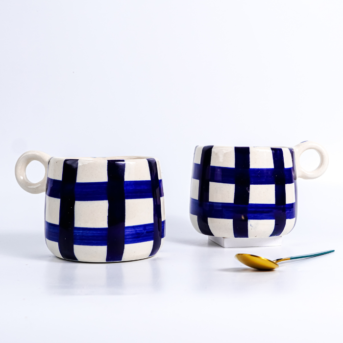 Blue and White Checkered Ceramic Mugs