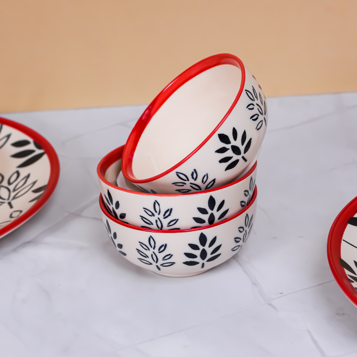 White and Red Ceramic Dinnerware - Set of 24