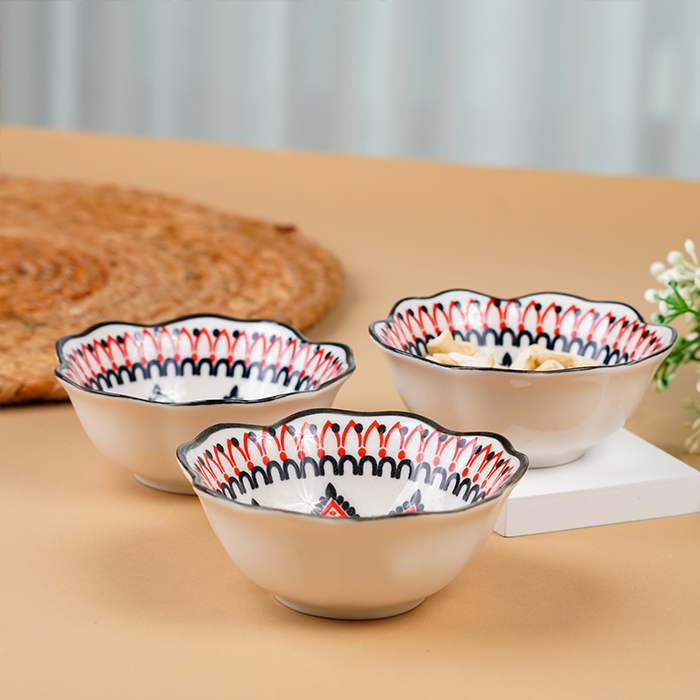 Red & Black Floral Scallop-Edge Ceramic Bowls - Set of 6