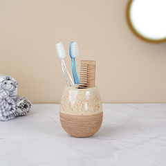 Speckled Cream and Wood Bathroom Set – Cozy Ceramic Bath Accessories