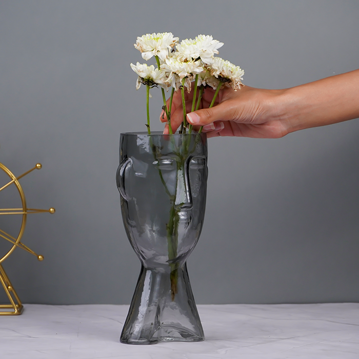 Grey Face-Shaped Glass Vase with Unique Artistic Design