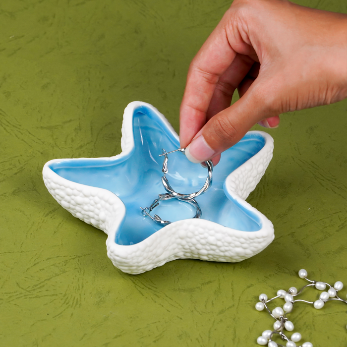 Blue and White Starfish-Shaped Ceramic Trinket Dish