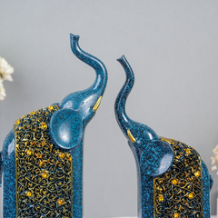 Blue Elephant Statues with Golden Accents - Unique Home Decor