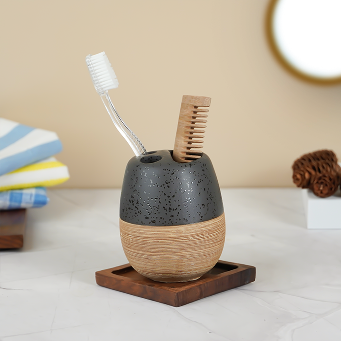 Matte Black and Wood Textured Bathroom Accessory Set