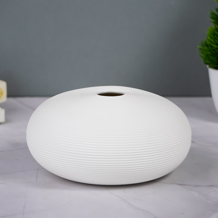 White Round Textured Vase - Unique Low Profile Design