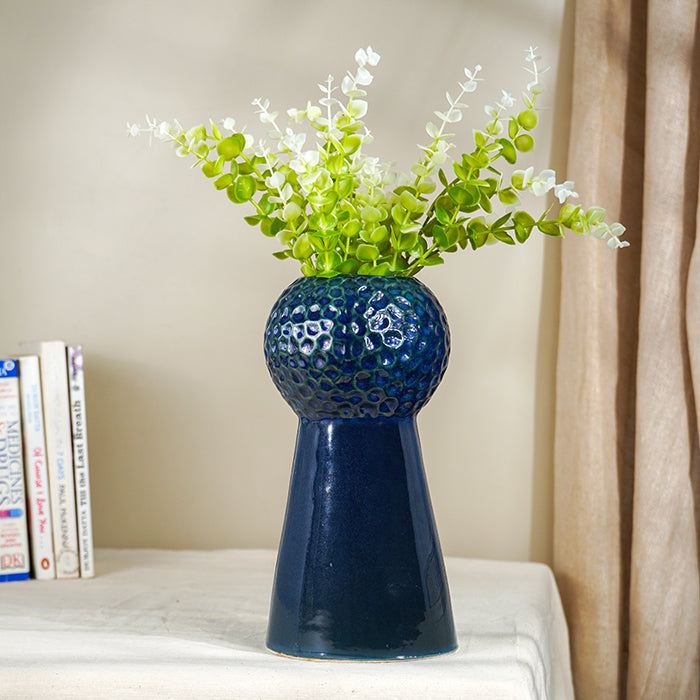 Glossy Midnight Blue Textured Vase with Tapered Base