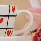 Red Heart and Grid Pattern Ceramic Cup and Saucer Set