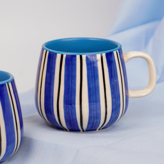 Blue and White Striped Ceramic Mug