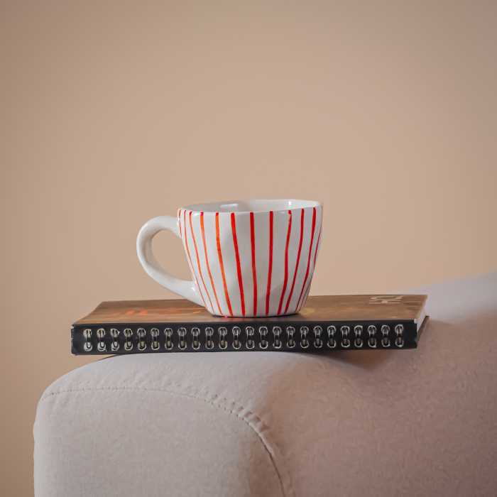 White Ceramic Cup with Hand-Painted Red Stripes